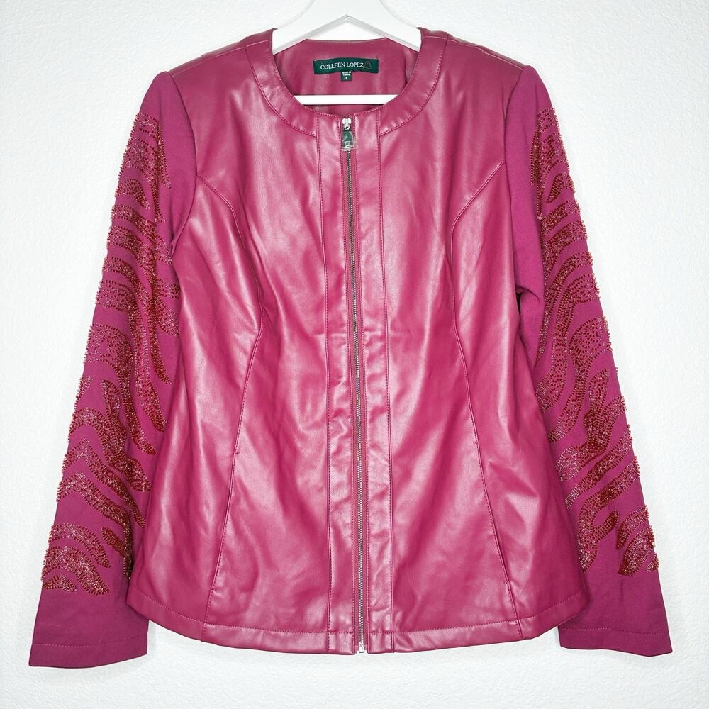 Colleen Lopez Vegan Leather Jacket With Beaded Sleeves S NWOT